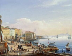 Hafenansicht von Neapel (III von IV). Blick auf den Leuchtturm und den Vesuv