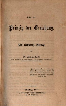Üeber das Prinzip der Erziehung : ein Konferenz-Vortrag