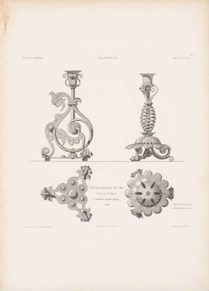 Schmiedeeiserne Leuchter von der Gewerbeausstellung 1879, Berlin: Ansichten, Details (aus: Architektonisches Skizzenbuch, H. 165/6, 1880)