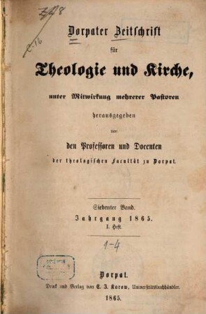 Dorpater Zeitschrift für Theologie und Kirche. 7. 1865