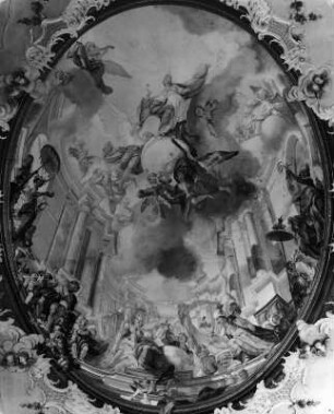 Maria als Himmelskönigin wird von der vier Erdteilen verehrt : Maria als Himmelskönigin wird von der vier Erdteilen verehrt. Fresko (1748; M. Günther). Altdorf Kreis Ostallgäu, Pfarrkirche