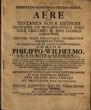 Dissertatio Inauguralis Physico-Medica, De Aere Sive Tentamen Novae Methodi Medicinam Per Principia Physica Scientifice Tractandi In Aeris Exemplo Exhibitum
