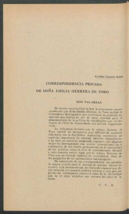 Correspondencia privada de doña Emilia Herrera de Toro