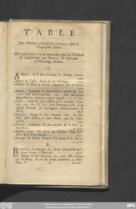Table Des Matieres principales contenues dans le Cinquiéme Tome.
