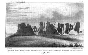 Northwest view of the ruins of the Pueblo Pintado in the valley of the Rio Chaco