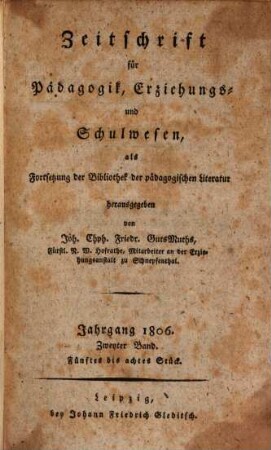 Zeitschrift für Pädagogik, Erziehungs- und Schulwesen. 1806,2 = Bd. 20