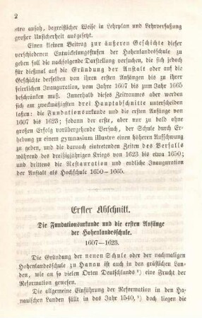 Erster Abschnitt. Die Fundationsurkunde und die ersten Anfänge der Hohenlandesschule. 1607 - 1623.