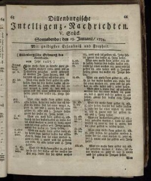 Sonnabends: den 29. Januarii 1774.