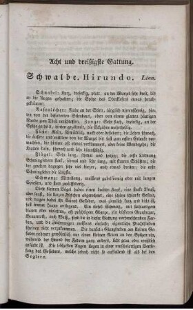 Acht und dreißigste Gattung. Schwalbe. Hirundo. Linn.