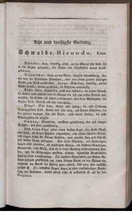 Acht und dreißigste Gattung. Schwalbe. Hirundo. Linn.