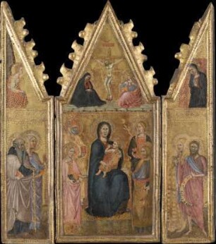 Triptychon der Madonna mit Kind und Heiligen, Kreuzigung Christi, vier Heiligen und der Verkündigung an Maria