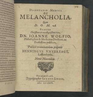 Dispvtatio Medica De Melancholia