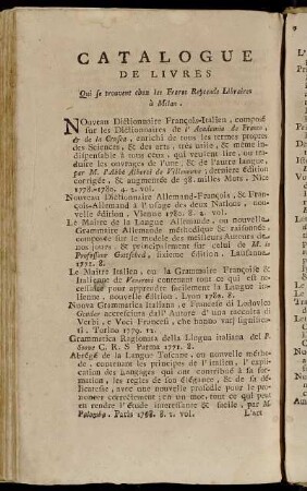 Catalogue De Livres Qui se trouvent chez les Freres Reycends Libraires à Milan