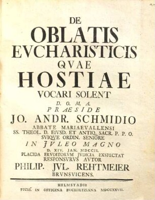 De Oblatis Evcharisticis Qvae Hostiae Vocari Solent
