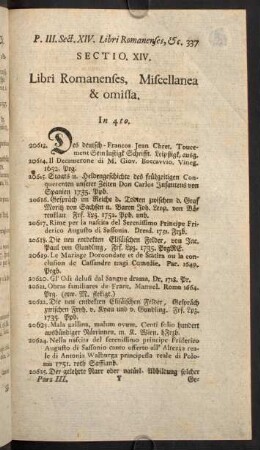 Sectio XIV. Libri Romanenses, Miscellanea & omissa.