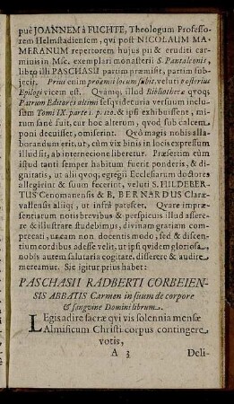Paschasii Radberti Corbeiensis Abbatis Carmen in suum de corpore & sanguine Domini librum