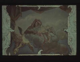 Auf Wolken Thronender mit Herrschaftsinsignien, links Juno (?) mit geflügeltem Himmelskörper