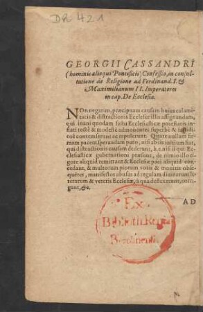 Georgii Cassandri (hominis alioqui Pontifici) Confessio [...]