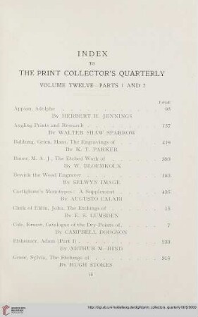 Index to the Print Collector's Quarterly volume twelve - Parts 1 and 2
