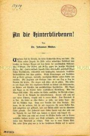 An die Hinterbliebenen! Flugschrift des Bundes Deutscher Bodenreformer