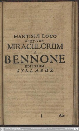 Mantissae Loco Sequitur Miraculorum A Bennone Editorum Syllabus
