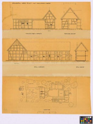 Stohentin (Kreis Stolp): Hof W[it]we Minna Sander. - Lageplan mit Scheune (Grundriss), Torhaus (Grundriss), Stall (Grundriss), Wohnhaus (Grundriss), Backhaus (Grundriss), zwei Dungstätten (zwei Umrisse), Brunnen (Grundriss), Abort (Grundriss). - Torhaus (1867) (Hof-Seiten-Ansicht, Querschnitt, Hof-Giebel-Ansicht). - Stall (Hof-Seiten-Ansicht, Querschnitt)