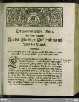 Die erste Predigt. Von der Gläubigen Einschreibung ins Buch des Lebens