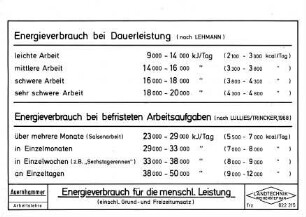 Energieverbrauch für die menschliche Leistung (einschl. Grund- und Freizeitumsatz) (nach Lehmann) (nach Lullies, Trincker, 1968)