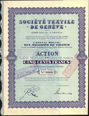 Aktie der Société Textile de Genève über 500 Schweizer Franken mit Kupons