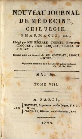 Nouveau journal de médecine, chirurgie, pharmacie. 8, 8. 1820