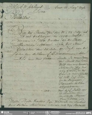 Eigenh. Brief von Hendrik Muilman an August Wilhelm von Schlegel, Amsterdam, 12.08.1796
