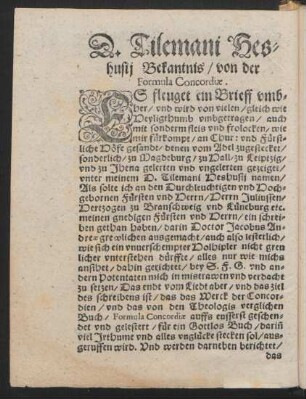 D. Tilemani Heshusii Bekantnis/ von der Formula Concordiae.