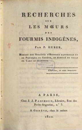 Recherches sur les moeurs des fourmis indigènes