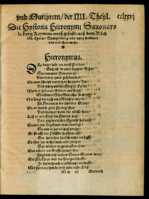 Die Hystoria Hieronymi Savonarole/ kurtz Reymens weyß gefaßt/ auß dem Buch M. Cyriaci Spangenberg ...