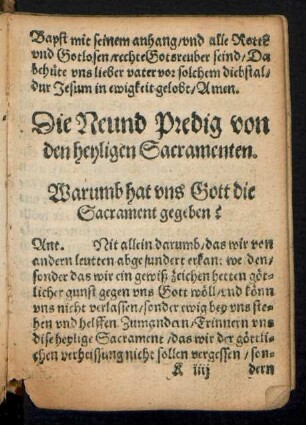 Die Neund Predig von den heyligen Sacramenten.