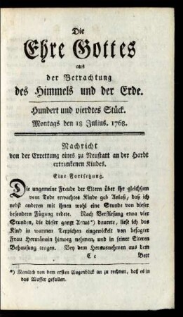 Hundert und vierdtes Stück. Montags den 18 Julius. 1768