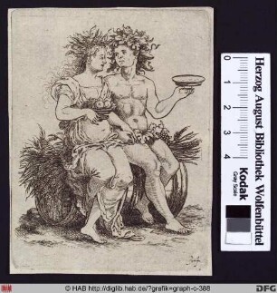 Ceres und Bacchus auf einem Weinfass.