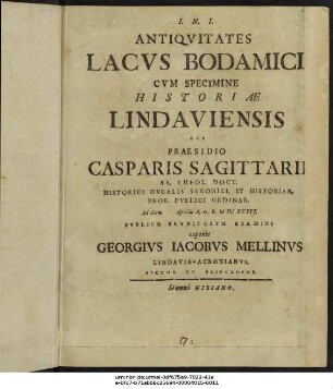 Antiquitates Lacus Bodamici Cum Specimine Historiae Lindaviensis