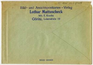 Fotoarchiv Lothar Mattuscheck, Dokumentation Orte und Landschaft für Ansichtspostkarten 1910 bis 1964: überlieferte Briefumschläge mit Aufdruck "Bild- und Ansichtspostkarten-Verlag Lothar Mattuscheck / Inh.: E. Knothe / Görlitz, Luisenstraße 19" zur Aufbewahrung der Negative bzw. Diapositive und Positive