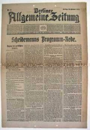 Tageszeitung "Berliner Allgemeine Zeitung" zu einer Rede Philipp Scheidemanns zum Regierungsprogramm