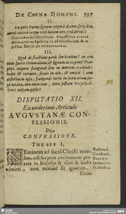 Disputatio XII. Ex undecimo Articulo Augustanae Confessionis. De Confessione