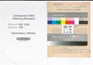 Entnazifizierung Wilhelm Hennemann , geb. 09.12.1907 (Betriebsfuehrer)