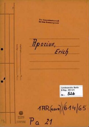 Personenheft Erich Aporius (*06.11.1894, +26,06.1959), Polizeiobersekretär