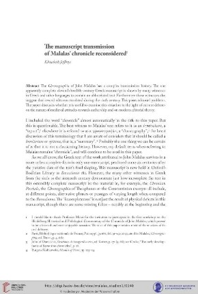 The manuscript transmission of Malalas' chronicle reconsidered