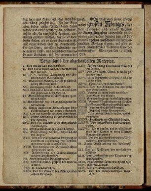 Verzeichnüß der abgehandelten Materien.