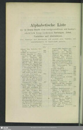 Alphabetische Liste der in diesem Bande neu aufgestellten und hauptsächlich besprochenen Gattungen, Arten, Varietäten und Aberrationen
