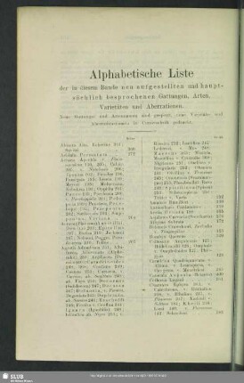 Alphabetische Liste der in diesem Bande neu aufgestellten und hauptsächlich besprochenen Gattungen, Arten, Varietäten und Aberrationen