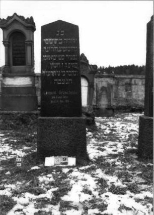 Grabstein 39 (Index: 100114925) Material: polierter Granit und? Zustand: sehr gut Maße HxBxT: 169x45x17 cm Beschreibung: Stele auf Sockel, Spitzgiebel: Grabstein 39