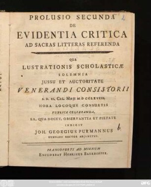 Prolusio 2: Prolusio ... De Evidentia Critica Ad Sacras Litteras Referenda