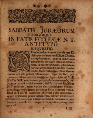 Disquisitio theol. de sabbatis Iudaeorum, eorumque in fatis ecclesiae N. T. antitypo